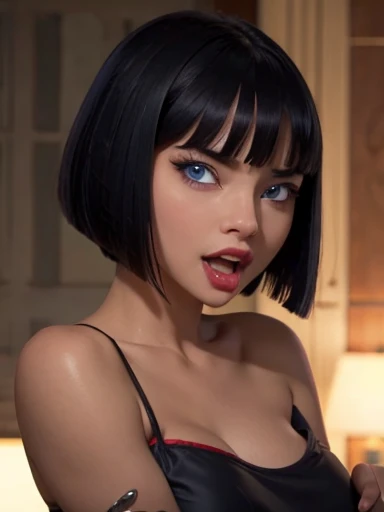 Sweet girl, hair bobcut, blue eyes, cute face , open mouth,  fangs vampiresa  , big breast bad ass ,