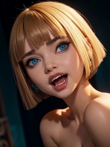 Sweet girl, hair bobcut, blue eyes, cute face , open mouth,  fangs vampiresa  , big breast bad ass ,