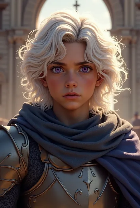 teenage man, 1, violet eyes, white hair, brown skin, Wavy hair, media aval, nobleman, fearless, knight