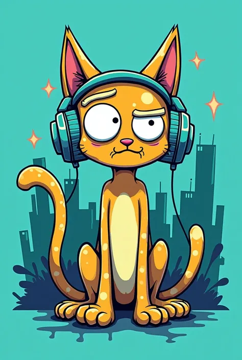 GENERATE A LOGO FOR AN URBAN T-SHIRT BRAND THAT IS MORE COLORFUL WITH A STRETCHED KITTY IMAGE LIGHT BLUE HEADPHONES CONFUSED FACE BIG HANDS AND FEET ALLUSION TO A RICK AND MORTY CARICATURE THAT HAS THE COLOR GREEN AND THE NAME ALSO ALLUSES TO GHOSTS OR DAN...