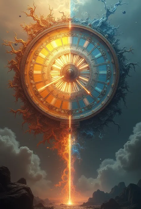 A clock representing a timeline where the past, future, and present are illustrated in epic dimensions. The clock is designed with flowing elements showing transitions between past, present, and future, each represented by distinct sections. The past is in...