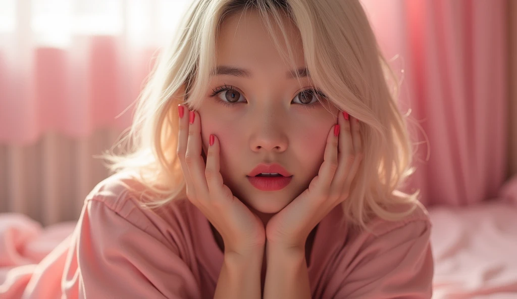 (Hyperrealism 1;2), A j pop idol girl with platinum blonde bob hair, big lips,  Small nose, straight hair, feline features, fair skin, plump body, plump arms, (big natural breast), very detailed fingers, beauty red nails,  Ultra high definition, 8K, perfec...