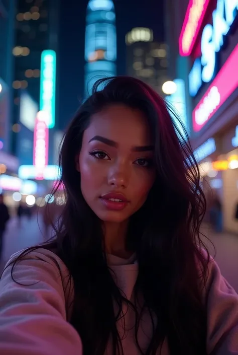 a pretty black woman, black long hair, causal clothing, selfie pose , night time, neon lights, modern city background 
