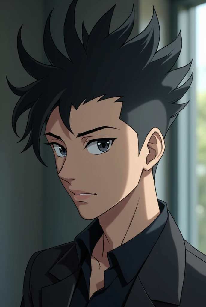 high quality, 8k Ultra HD, young anime man, light skin, Black Mohawk Hairstyle, neutral expression, blurred scene with only the focus on the young man, profile avatar.