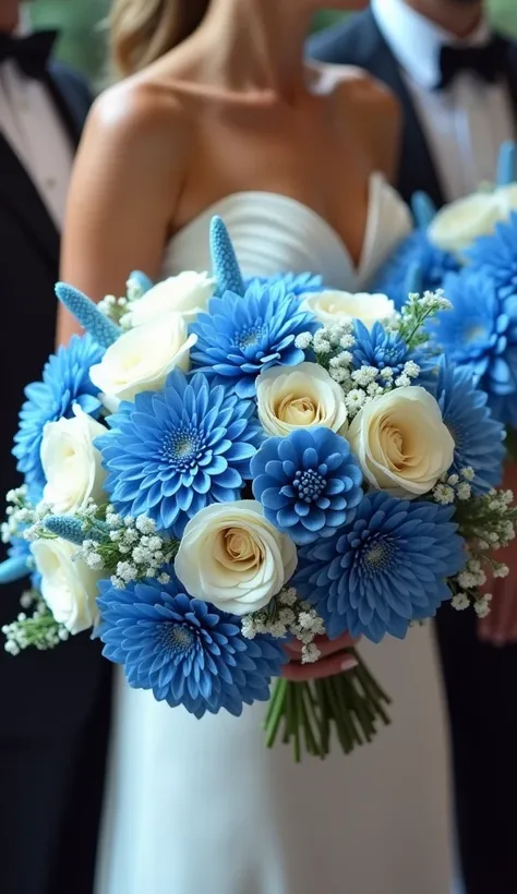 All the guests were amazed by the bouquets made of the white and blue flower. 