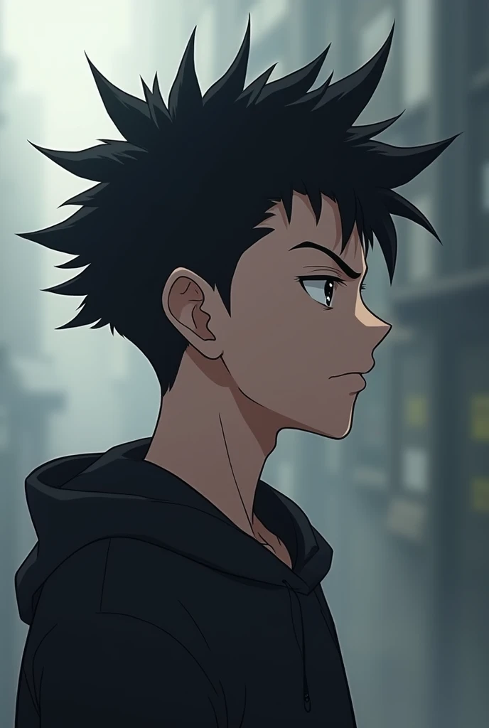 high quality, 8k Ultra HD, young anime man, light skin, Black Spiky Up Mohawk Hairstyle, neutral expression, blurred scene with only the focus on the young man, profile avatar.