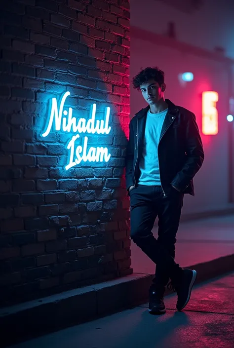 "Design a signature logo of the name Nihadul Islam attached to a textured brick wall. The signature should be surrounded by soft multi-colored neon lights. The background is dark and moody, enhancing the glow of the lights. Beside the signature, include a ...