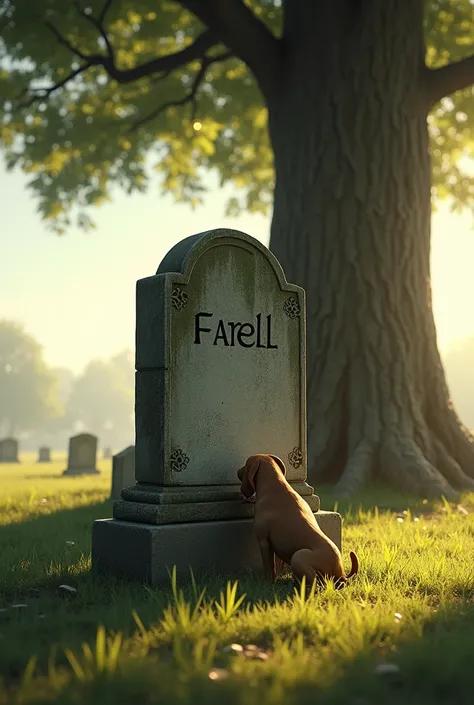 tombstone with "farell" writen on it , with a beech tree behind in a sunshine. a dog pissing on the tombstone