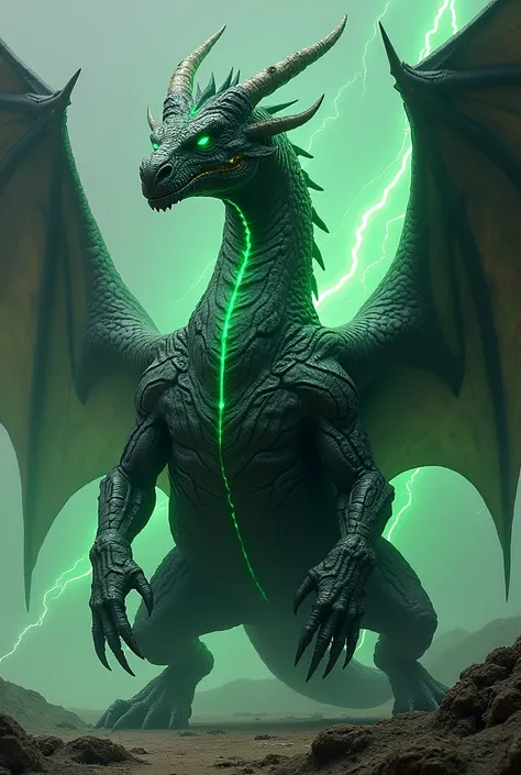 Un dragon au écaille sombre dans lequel on peut apercevoir un trait vert fluo qui sert de délimitation des ecailles , le dragon tient sur quatre pattes ces griffes sont acérées, cest dans gigantesques, le dragon est aussi imposant quune montagne ,cest un d...