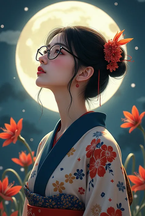 Beautiful girl wearing glasses, gazing at the full moon alone in a yukata, cluster amaryllis, bold pose is interesting