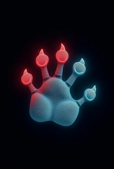 Frog paw print in infrared light with black background and paw with red gradient, blue green etc.