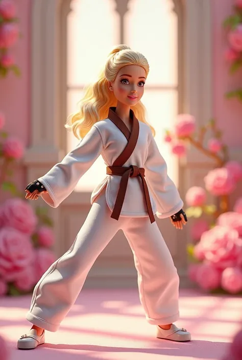 Make a Disney Dreamhouse type image of a Barbie dressed in a white taekwondo dobok with a brown collar and brown ribbon with taekwondo protective gear 