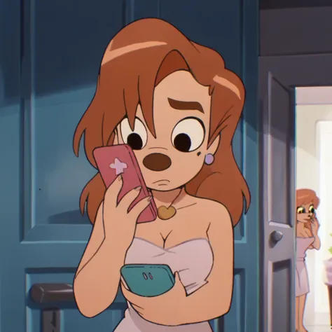 score_9_presence, score_8_up, roxanne, wrapped in towel, medium breasts, cleavage, holding phone