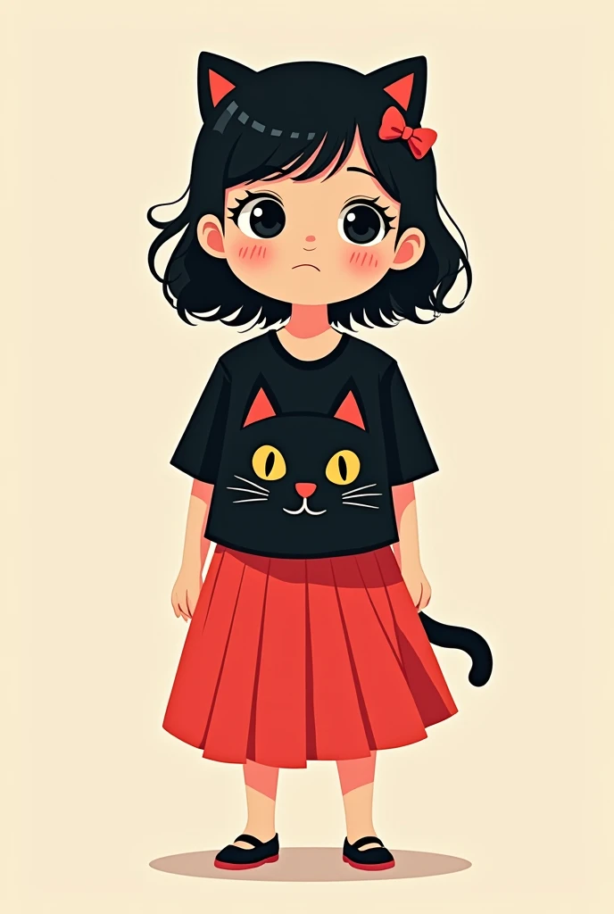 Please draw a picture of a short girl in a black t-shirt with a cat face on the t-shirt (cara de jiji) red skirt above the knee, with dark shoulder length hair 