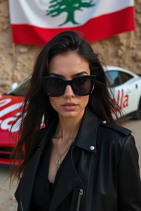 Arab woman with black sunglasses black jacket rock flag Lebanon with Lala written on sports car  

