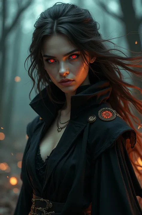 A beautiful brunette witch With red eyes, challenging look 