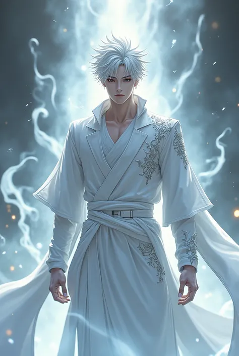 Make a male character with jujutsu kaisen traits, white hair,white clothes,