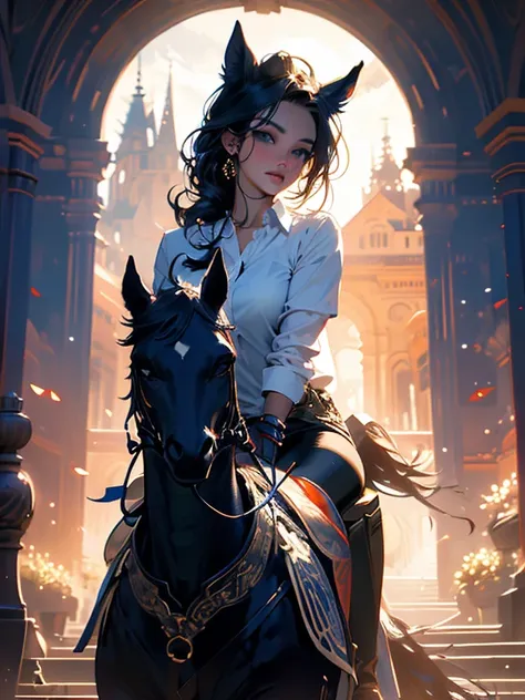 masterpiece, best quality, extremely detailed, hyperrealistic, photorealistic, a beautiful girl, riding a horse, mountain, ultra...