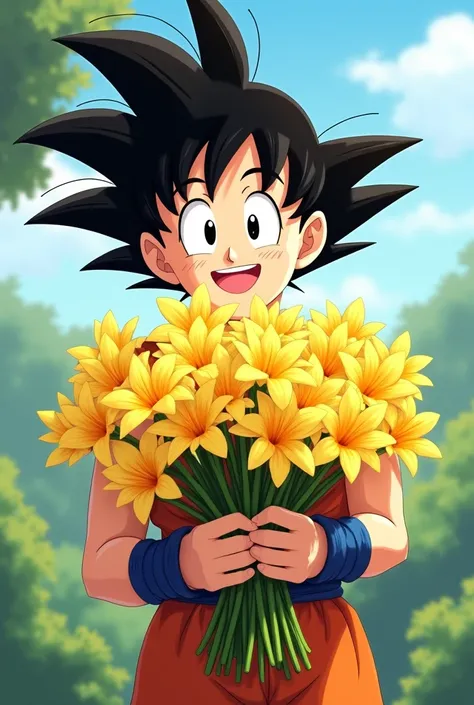 Happy little Goku with yellow flowers in his hand