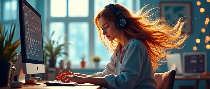 A creative female artist with headphones and hair flying composing music on a computer, with luminous sound waves floating around her head