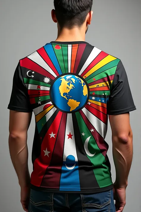 A T-shirt ,on Shirt there all Muslim countries flags and in the middle of shirt there is a sign of unity, I want front and back side both 
