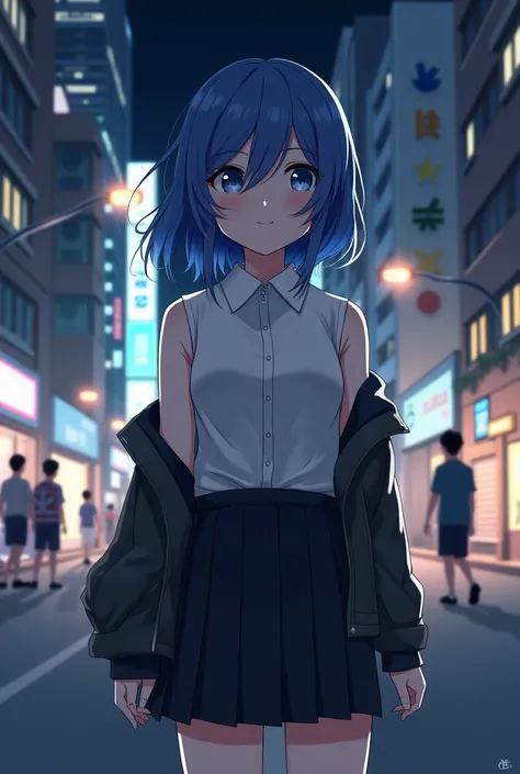 1girl, black_skirt, blue_hair, building, city, cityscape, hair_between_eyes, jacket, looking_at_viewer, medium_hair, multicolored_hair, multiple_boys, night, off_shoulder, outdoors, pleated_skirt, road, shirt, skirt, skyscraper, smile, solo_focus, street, ...