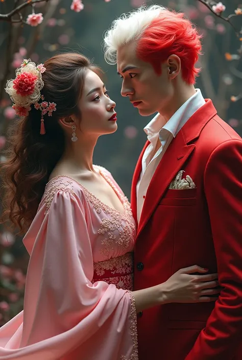 Woman in pink kimono ,brown hair ,amber eyes and man in red circus host suit ,Monochromatic eyes ,red and white hair 