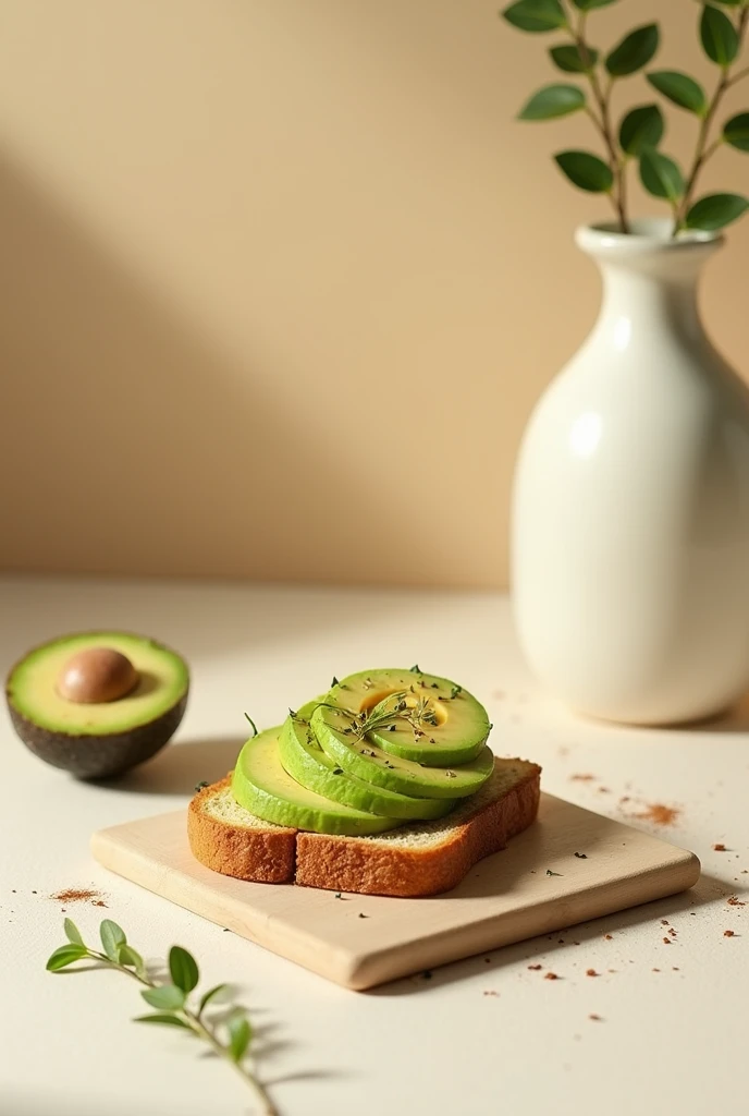 : A slice of toast with avocado or a healthy ingredient, in a simple and elegant setting. 