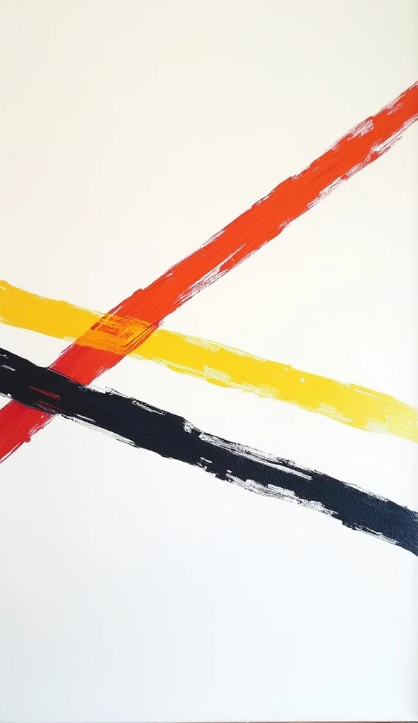 Minimalism image, simple oil painting, 3 lines in different colors on white background, hard brush, lots of farb on brush, different angle of lines