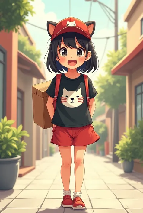 Please draw a picture of a short girl in a black t-shirt with a cat face on the t-shirt (Kiki&#39;s Cat Home Deliveries) red skirt above the knee, with dark shoulder length hair 