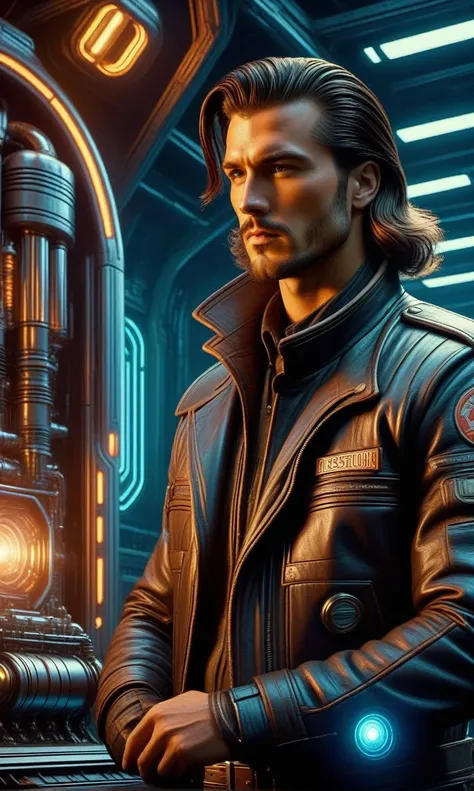 create a movie scene with a dynamic illustration of a handsome 2 warrior inspecting a spacecraft engine in a futuristic hangar. ...