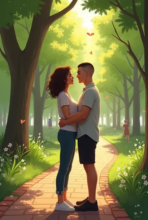 Make a brunette girl with curly hair with her brunette boyfriend with a buzz cut in a park