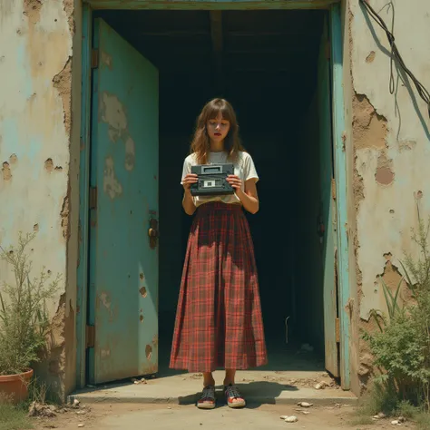 A late 90s rave album cover featuring a girl in a long plaid skirt against the backdrop of an old entryway. Her tape recorder is jammed. It looks like nostalgia. No sexual contest 