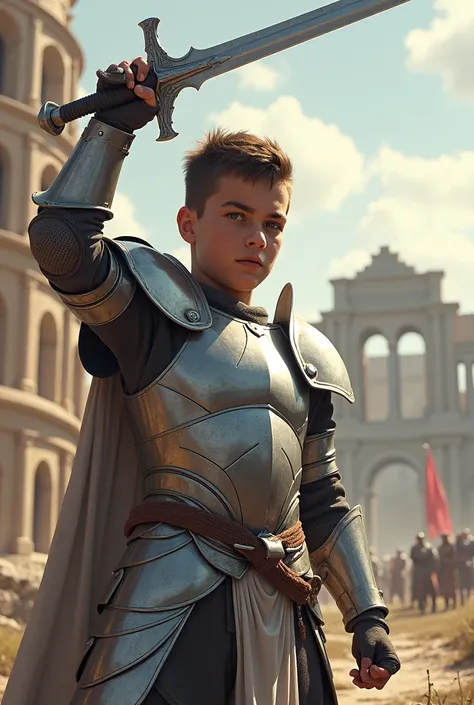 Draw in 2D a young warrior dressed in silver back armor raising a shining sword in the sun in front of a coliseum in the distance.