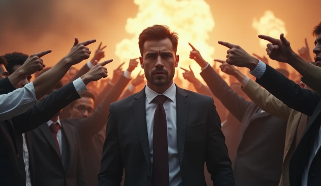 Man in suit and tie, people around you with angry looks pointing their fingers in your direction, smoke background with fire