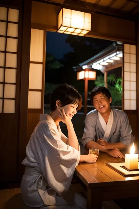 Sex Friend,Group photo of a 55 year old male politician and a  flat chested girl with short hair,Laugh shyly,Group Sex,Yukata,Candlelight,Japanese House