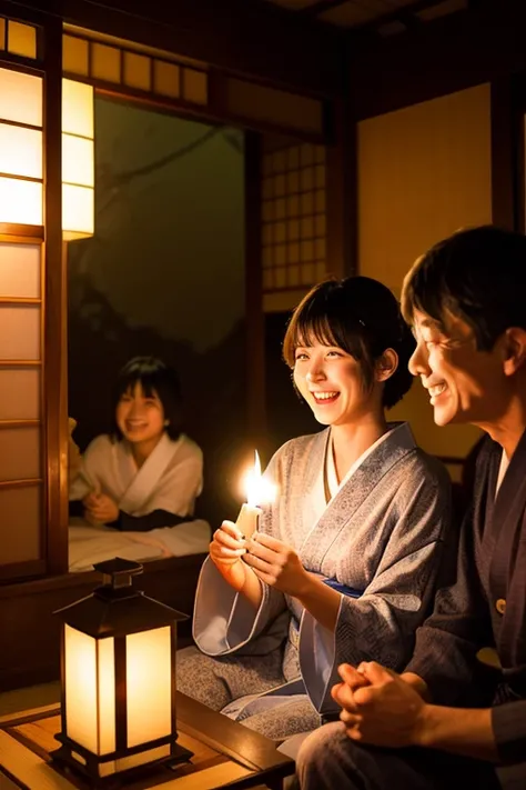 Sex Friend,Group photo of a 55 year old male politician and a  flat chested girl with short hair,Laugh shyly,Group Sex,Yukata,Candlelight,Japanese House