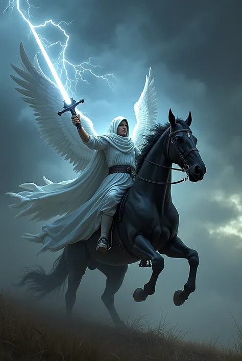 An angel with a white cape and hood riding a black horse and in the background thunder and the angel has a black sword with lightning 