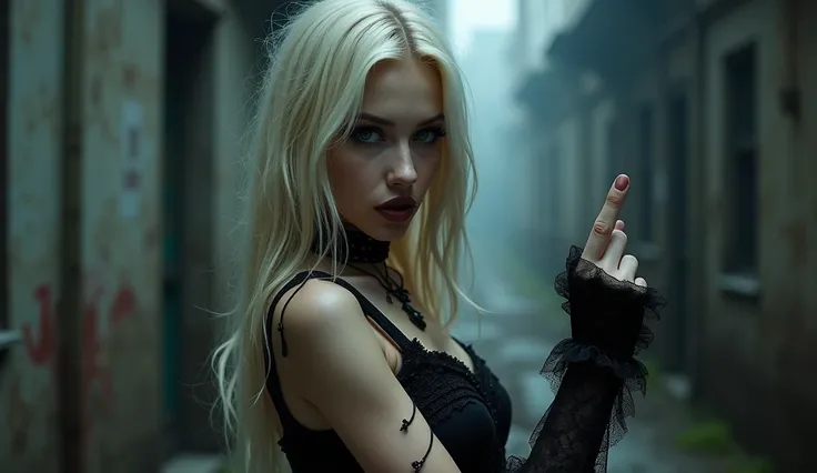 Blonde gothic girl showing a fuck with middle finger 