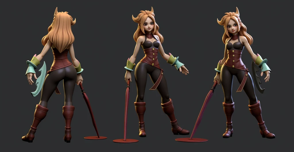 Create a stylized character of a girl designed for a 3D game. The character should have sculpted hair with intricate details and vibrant colors. Provide front and side views as reference images for modeling. Her outfit should have a fantasy theme, incorpor...