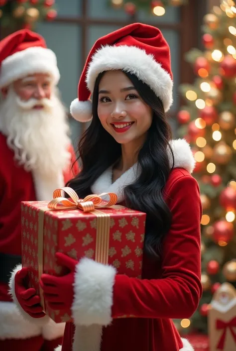 A realistic  images of beautiful sweet smile Asian woman, white skin ,long long black wavy hair, wearing red santa dress outfit,santa gloves,santa hat,with holding a big christmas gift box, with santa clause on her left,with beautiful cleared house behind ...