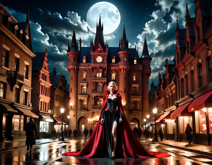 goth fantasy comic art, ultra wide shot of a vampire queen in the big city, a beautiful mature vampire queen, elegant queen, dynamic hair color, dynamic hair style, wearing intricate white leather dress, dress stained with blood,  studded with black diamon...