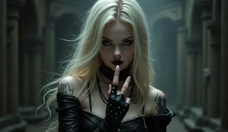 Blonde gothic girl showing a  middle finger 