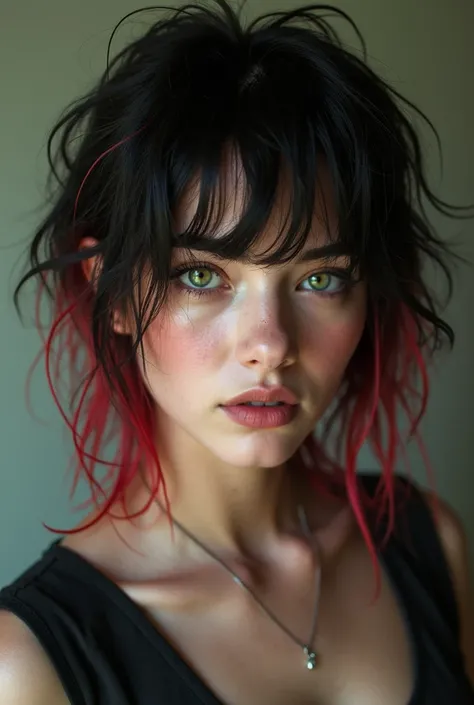 girl ( in their 20s) green-eyed. Black hair with red streaks (disorderly) and with comfortable clothes . with European features