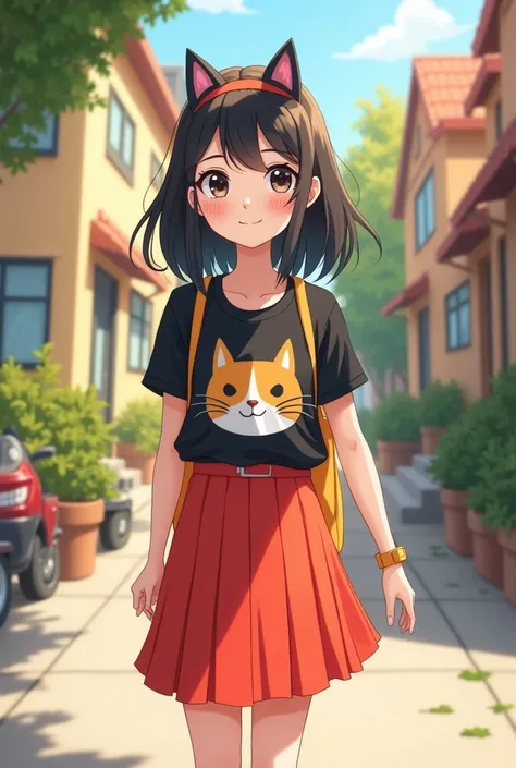 Please draw a picture of a short girl in a black t-shirt with a cat face on the t-shirt (Kiki&#39;s Cat Home Deliveries) red skirt above the knee, with dark shoulder length hair 