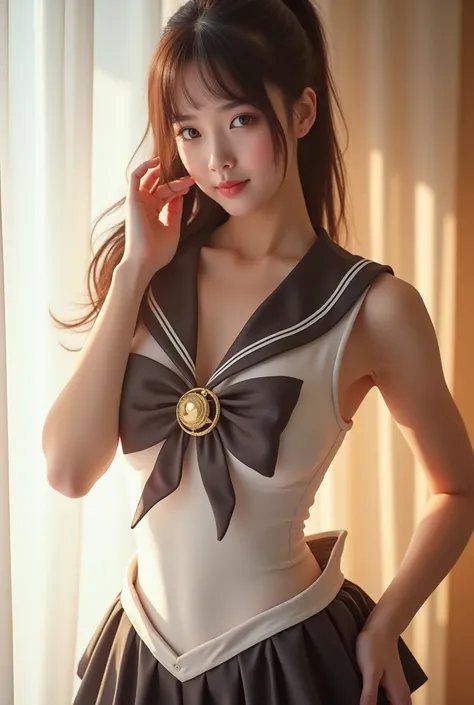 ((Realistic portrait photo)) High-quality Realistic of thai woman, Beautiful girl (((large breast , big breast , nsfw))) , Best Quality, 20 years old thai girl with long brown hair, Beautiful thai teen in a sailor moon uniform ((Realistic portrait photo))(...