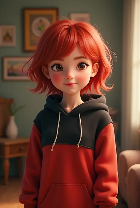 Create an image of a girl with slightly short red hair wearing a red and black sweatshirt 