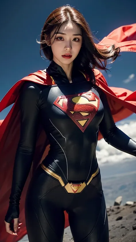 woman wearing detailed superman costume with full sleeves covering the entire body, short black hair, serious face, (flying in s...