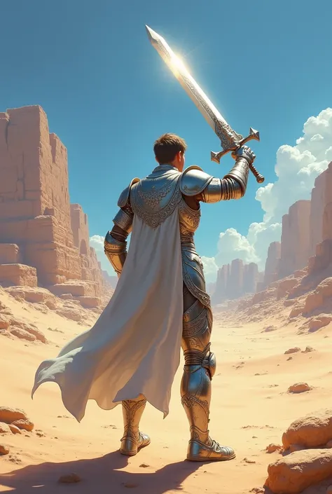 Draw in 2D a young warrior dressed in silver armor against the blue sky raising a shining sword in the sun in front of a coliseum in the distance in a desert with his back turned with both hands