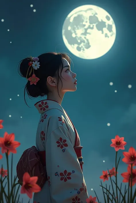 Beautiful girl , gazing at the full moon alone in a yukata, cluster amaryllis, bold pose is interesting